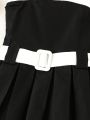 SHEIN Kids EVRYDAY Young Girls' Casual Colorblock Ruffle Trim Belted Strap Dress With Spaghetti Straps, Suitable For Summer