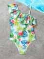 Tween Girl's One Piece Swimsuit With Random Floral Print And Ruffle Trim Without Stitching Edge