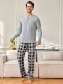 Men'S Solid Color T-Shirt And Plaid Pants Casual Homewear Set