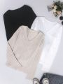 SHEIN LUNE Women'S 3pcs V-Neck Solid Color Ribbed Slim Fit Long Sleeve T-Shirt