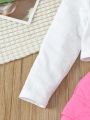 SHEIN Kids FANZEY Toddler Girls' Cool White Off Shoulder Top And Pink Overalls Set For Spring/Summer