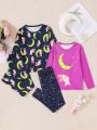 2 Sets Toddler Girls' Reflective Moon & Rabbit Printed Two Piece Tight-Fitting Pajama Sets