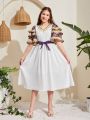 SHEIN Teen Girl's Woven Color Block Embroidery Collar Layered Contrast Ruffle Sleeve Belted Dress