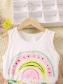 2pcs/Set Toddler Girls' Casual And Cute Sleeveless Top With Printed Shorts For Vacation