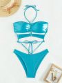 SHEIN Swim BAE Solid Color Halter Style One-Piece Swimsuit With Drawstring