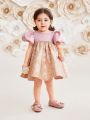 SHEIN Infant Girls' Gorgeous Satin Bubble Short Sleeve Dress With Gold Floral Applique