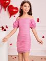 SHEIN Kids CHARMNG Girls' Bubble Off Shoulder Puff Sleeve Ruched Spaghetti Strap Dress