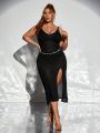 SHEIN Swim Chicsea Plus Size 1pc Backless High Slit Cover Up Dress With Knot Detail, Without Belt