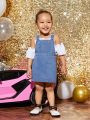 Infant Girls' Off-Shoulder Puff Sleeve Top With Denim Overall Dress Set