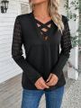 Cross V-Neck Lace Long-Sleeve T-Shirt