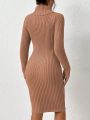 SHEIN Privé Turtleneck Raglan Sleeve Twist Front Ribbed Knit Bodycon Sweater Dress