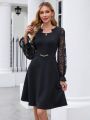 EMERY ROSE Women's Long Sleeve Lace Patchwork Chain Detail Bodycon Dress