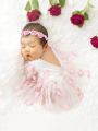 Valentine'S Day Newborn Baby Girl Photo Shoot Outfit, Pink Love Heart Embroidered Mesh Romper With Hair Band Set