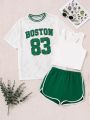 SHEIN Teen Girls' Knitted Letter Print Mesh T-Shirt, Solid Color Vest, Colorblock Shorts 3-Piece Casual Set