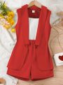 SHEIN Kids FANZEY Teenage Girls' Solid Color Vest + Jacket + Shorts Casual Outfit