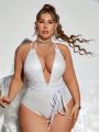 SHEIN Swim SXY Plus Size Deep V-neck Halter Cross Back One-piece Swimsuit