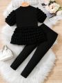 SHEIN Kids FANZEY Little Girl's Puff Sleeve Top And Leggings Set