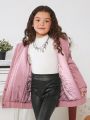 SHEIN Kids Cooltwn Tween Girl Letter Patched Borg Collar Drop Shoulder Corduroy Jacket