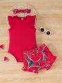 SHEIN Baby Girl Ruffle Trim Bodysuit & Watermelon Print Shorts