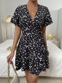 SHEIN LUNE Dalmatian Print Flounce Sleeve Ruffle Trim Wrap Knot Side A Line Dress