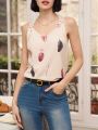 SHEIN Frenchy Feather Print Embroidered Patchwork Camisole Top