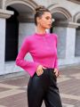 Anewsta Women's Solid Color Zipper Design Bell Sleeve Sweater