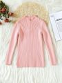 Young Girl Mock Neck Zipper Front Ribbed Knit Sweater