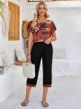 EMERY ROSE Women'S Full Print Short Sleeve Top And Slant Pocket Pants Set