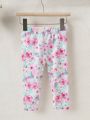 5pcs/Set Baby Girls' Spring And Autumn New Casual Comfortable Wide-Legged Flower & Heart Printed Elastic Waist Pants Outfits