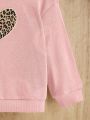 SHEIN Baby Girls' Leopard Print Heart Embroidery Round Neck Long Sleeve Sweatshirt