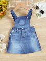 SHEIN Baby Girls' Casual Denim-look Printed Overalls Dress, Versatile