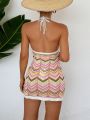 SHEIN Swim BohoFeel 1pc Zigzag Striped Pattern Halter Neck Backless Cover Up Dress