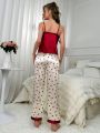 Solid Color Satin Cami Top And Heart Printed Long Pants Pajamas Set