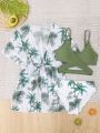 Girls' (Big) Swimsuit Coconut Tree Print Cross Bikini Swimwear With Matching Cover-Up Dress And Kimono, Summer