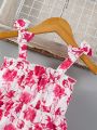 Baby Girl's Valentine's Day Floral Print Bow Knot & Ruffle Trim Patchwork Suspender Dress