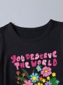 Little Girls' Floral Printed Short Sleeve T-Shirt And Shorts Set With Slogan Print