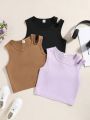 SHEIN Kids EVRYDAY 3pcs Solid Color Hollow Out Crop Top For Casual Wear