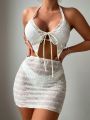 SHEIN Swim Vcay 2pcs Women's Front Tie Neck Halter Top Crop Top And Skirt Set