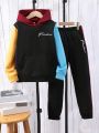 Tween Boy Letter Graphic Colorblock Kangaroo Pocket Hoodie & Sweatpants