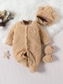 SHEIN Baby Boys' Fluffy Jumpsuit With Hat And Gloves, Sleepwear