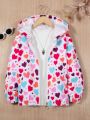 SHEIN Kids FANZEY Girls' Heart Pattern Zipper Front Hooded Jacket, For Teenagers