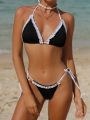 Contrast Ruffle Trim Triangle Cup Knotted Side Bikini Swimsuit Set