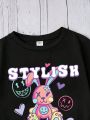 Tween Girls' Casual Cartoon Letter Print Short Sleeve T-Shirt Suitable For Summer