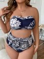 SHEIN Swim Chicsea Plus Size Women'S Floral Printed Bandeau Bikini Swimsuit Set