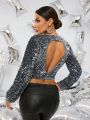 SHEIN BAE Shortened Long Sleeve Sequined Blouse