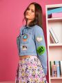 THE POWERPUFF GIRLS X SHEIN 1pc Cartoon Graphic Flap Pocket Crop Denim Jacket