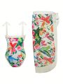 SHEIN Swim Chicsea Floral Print One-piece Swimsuit And Beach Skirt