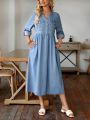 SHEIN LUNE Denim Dress With Rolled Sleeves And Notched Collar