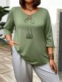 Plus Size Solid Color T-Shirt With Tassel & Knot Detailing On Collar