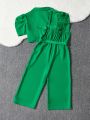 SHEIN Kids FANZEY Girls' Leg Of Mutton Sleeve Top With Double Row Button Decoration And Detachable Belted Suspender Pants Set